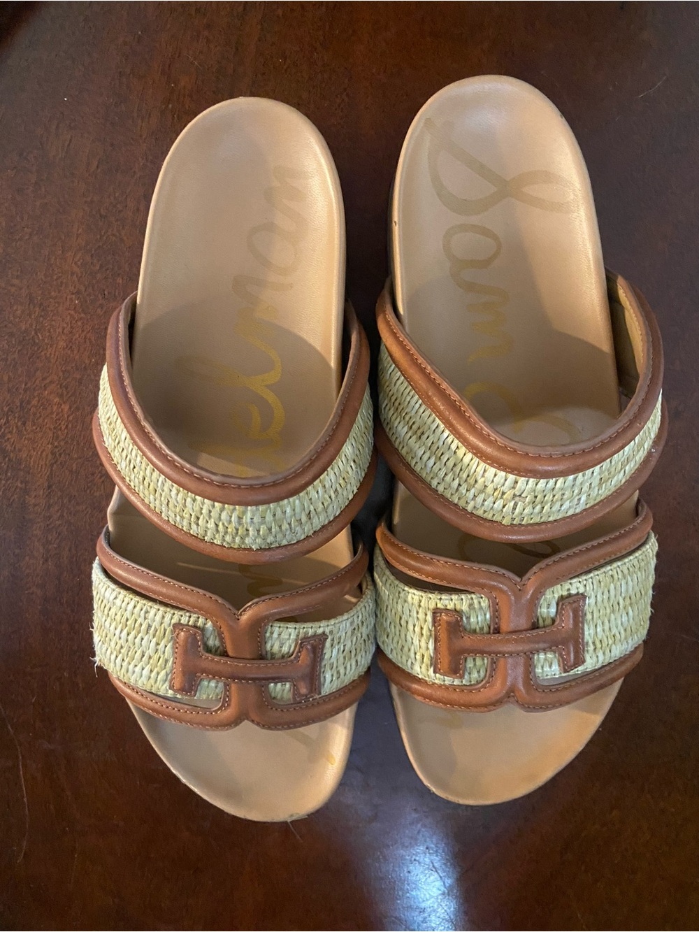 Sam Edelman Tan and Natural Woven Double-Band Slide Sandals